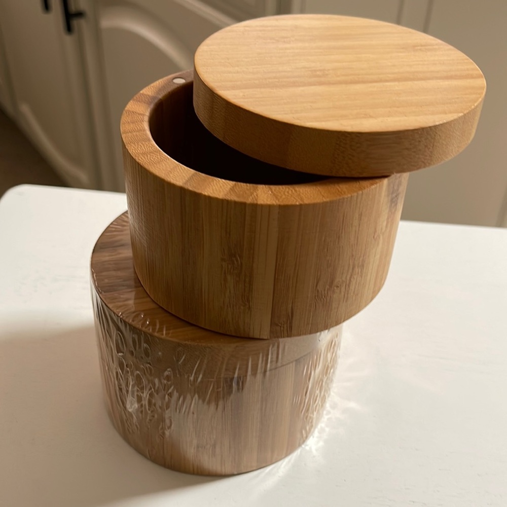 HTB Bamboo Salt Boxes (2)  With Magnetic Swivel Lid, 8.5oz Round Spice Container